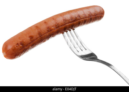 a delicious sausage on a fork over white Stock Photo