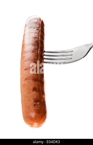 a delicious sausage on a fork over white Stock Photo