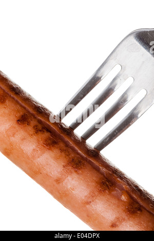 a delicious sausage on a fork over white Stock Photo