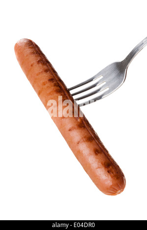 a delicious sausage on a fork over white Stock Photo