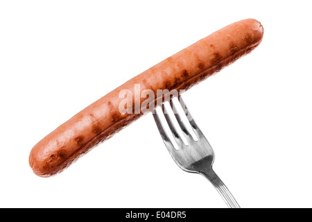 a delicious sausage on a fork over white Stock Photo