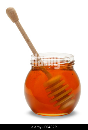 Honey Jar with Wood Dipper Isolated on White Background. Stock Photo