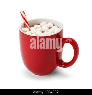 Cocoa in Red Mug with Marshmallows and Candy Cane Isolated on White Background. Stock Photo