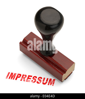 Wooden Stamper with the word Impressum Stamped in Red Ink. Isolated on White Background.