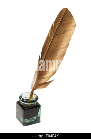 Feather Quill and Glass Ink Bottle Isolated on White Background. Stock Photo