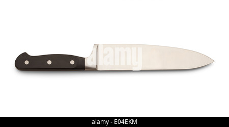 Large Metal Kitchen Knife with Black Handle Isolated on White Background. Stock Photo