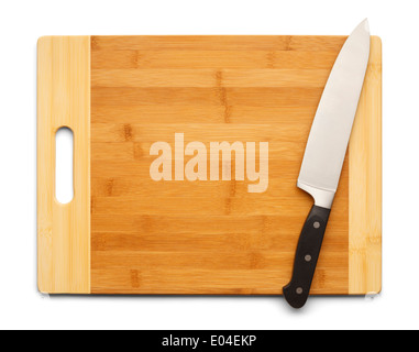 Bamboo Cutting Board with Kitchen Knife Isolated on White Background. Stock Photo