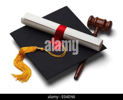 Black Graduation Hat with Degree and Gavel Isolated on White Background. Stock Photo