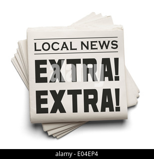 Stack of Local Newspapers with the Words Extra! Extra! Isolated on a white Background. Stock Photo