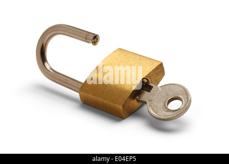 Brass Padlock Unlocked with Key Isolated on White Background. Stock Photo