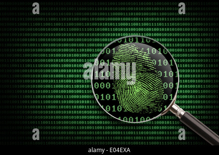 Magnifying Glass searching code for online activity. Stock Photo