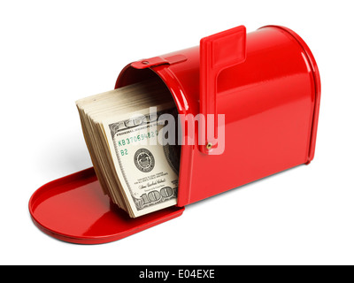 Red Mailbox with Money Sticking Out Isolated on White Background. Stock Photo