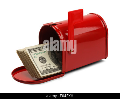 Red Mailbox with Cash Hundred Dollar Bills Sticking Out Isolated on White Background. Stock Photo