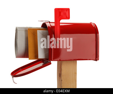 Red Mail Box with Letters and Newspaper Isolated on White Background. Stock Photo