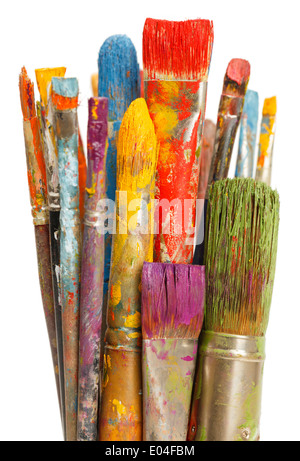 Group of Paint Brushes with Differnet Color Paints on Them Isolated on White Background. Stock Photo