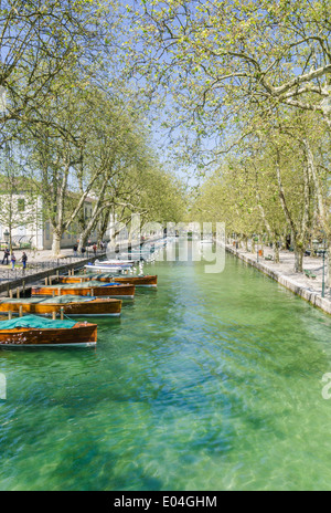 Traditional wooden boats moored on the tree-lined Canal du Vasse, Annecy, Haute-Savoie, Rhone-Alpes, France Stock Photo