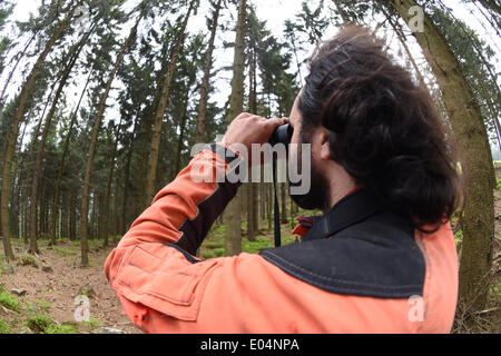 Ruhestein, Germany. 14th Apr, 2014. Forest manager Thomas Gamio of the Nordschwarzwald national park (North Black Forest National Park), is on the lookout for trees infested with bark beetles using his binoculars at the national park near Ruhestein, Germany, 14 April 2014. Equipped with binoculars and GPS gear, a team of 12 staff have been mapping the areas of the forest infested with bark beetles, since 1 April 2014. Photo: Uli Deck/dpa/Alamy Live News Stock Photo