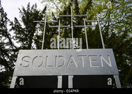 Vladslo, Germany. 22nd Apr, 2014. The entrance to the German WWI military cemetery in Vladslo, Germany, 22 April 2014. More than 25,000 Germans are buried there. Photo: Uwu Zucchi/dpa/Alamy Live News Stock Photo