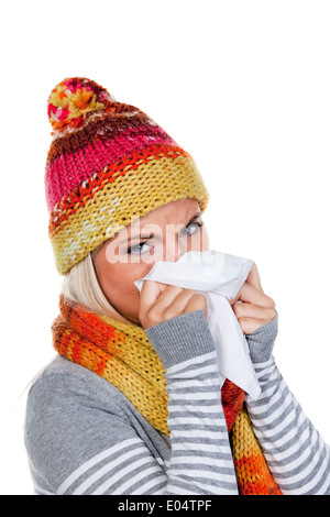 Young woman with a cold and cold., Junge Frau mit Schnupfen und Erkaeltung. Stock Photo