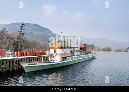 Old Steamer "Raven" at Pier Head for Ullswater Steamers in the English Lake District National Park Glenridding Cumbria England UK Britain Stock Photo