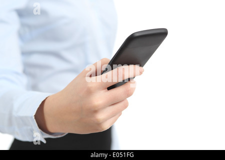 Business woman hand holding and using a smart phone isolated on a white background Stock Photo