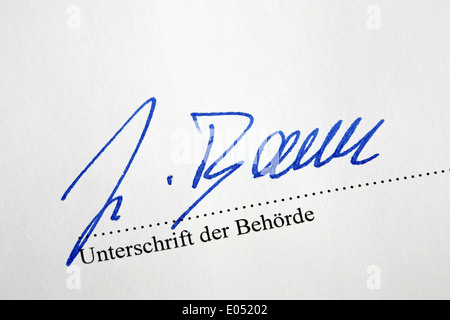Signature of authorities of employee under an official communication , Unterschrift eines Behoerden Mitarbeiters unter eine offi Stock Photo