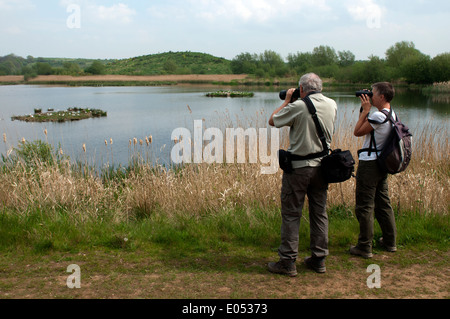 Bird watchers at Middleton Lakes RSPB reserve, Warwickshire, England, UK Stock Photo