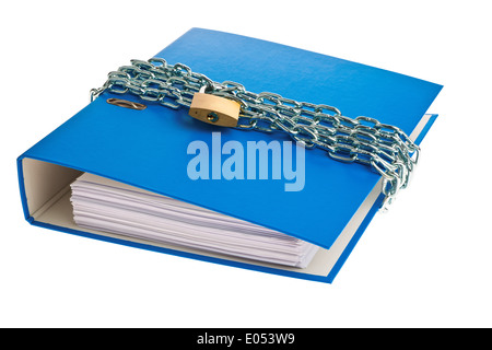 A file with chain and curtain castle closed. Data protection and data security., Ein Aktenordner mit Kette und Vorhangschloss ve Stock Photo