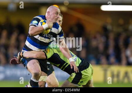 Bath, UK. 02nd May, 2014. Carl FEARNS (Bath Rugby) is tackled during the Aviva Premiership match between Bath and Northampton Saints at The Recreation Ground. Credit:  Action Plus Sports/Alamy Live News Stock Photo