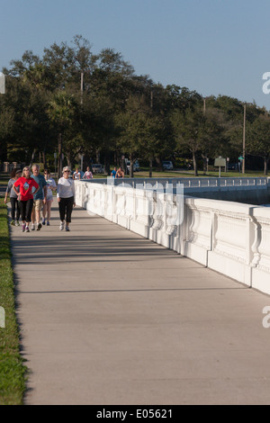 Women Walking, Bayshore Boulevard Sidewalk and Balustrade, Tampa . Fl, USA Stock Photo