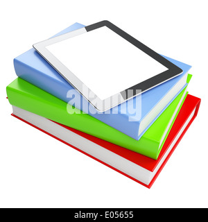 touch screen pad on color background among the many paper books Stock Photo