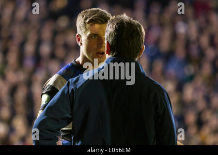 Bath, UK. 02nd May, 2014. George FORD (Bath Rugby) protests about a refereeing decision to father and Bath Director of Rugby Mike FORD during the Aviva Premiership match between Bath and Northampton Saints at The Recreation Ground. Credit:  Action Plus Sports/Alamy Live News Stock Photo