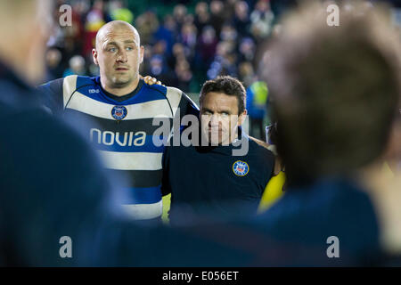 Bath, UK. 02nd May, 2014. Bath Rugby Director of Rugby Mike FORD in the Bath huddle after the Aviva Premiership match between Bath and Northampton Saints at The Recreation Ground. Credit:  Action Plus Sports/Alamy Live News Stock Photo