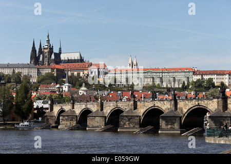 Prague, Karl's bridge, Prague castle Hradschin and Moldavia, Prag, Karlsbruecke, Prager Burg Hradschin und Moldau Stock Photo