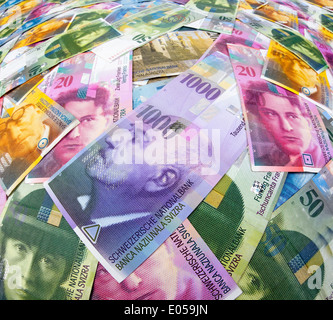 Many Schwezer francs of bank notes of Switzerland, Viele Schwezer Franken Geldscheine der Schweiz Stock Photo