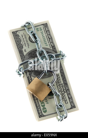 Dollar of bank notes with castle and chain. Monetary pile for security and investment., Dollar Geldscheine mit Schloss und Kette Stock Photo