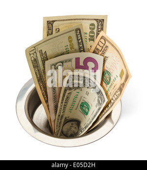 Cash Money Going Down the Sink Drain Isolated on White Background. Stock Photo