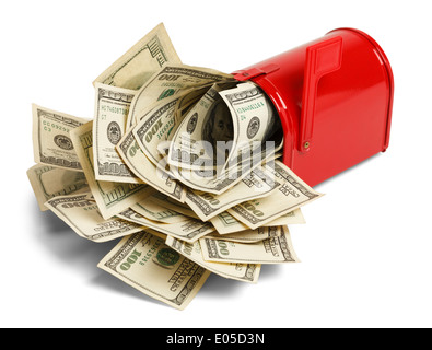 Red Mailbox with Money Stuffed Inside Isolated on White Background. Stock Photo