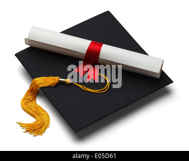 Black Graduation Hat with Degree Isolated on White Background. Stock Photo