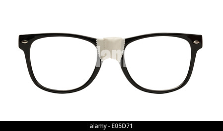 Front View Black Nerd Glasses with Tape, Isolated on White Background. Stock Photo