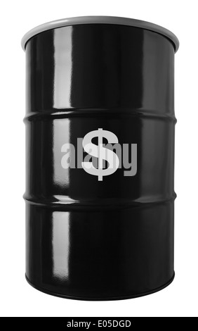 55 Gallon Black Oil Drum With Cash Symbol Isolated on White Background.