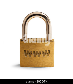 Brass Padlock with WWW on surface Isolated on White Background. Stock Photo