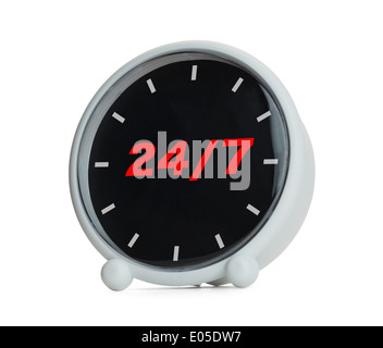 Clock with 24/7 in red Isolated on White Background. Stock Photo