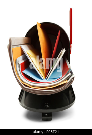 Front View of Open Black Mailbox Full with Mail Isolated on White Background. Stock Photo