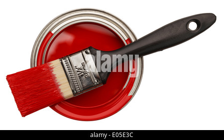 Red Paint Can Open with Brush Top View Isolated On White Background. Stock Photo