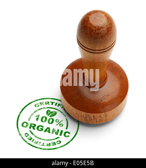 Green 100% Certified Organic Stamp with Wooden Stamper Isolated on White Background.
