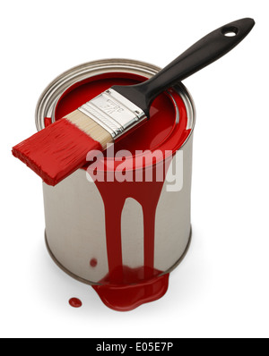 Red Latex Paint Can with Brush resting on top and paint spilled and dripping down Isolated on White Background. Stock Photo