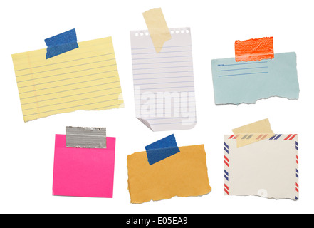 six different scraps of paper notes isolated on white background. Stock Photo