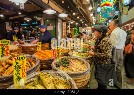 Fresh food stall inside Nishiki food market, Kyoto, Japan Stock Photo