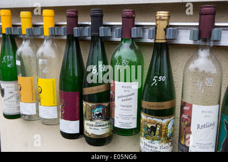 A collection of local wines for sale in Zell am Mosel in Germany, Europe Stock Photo